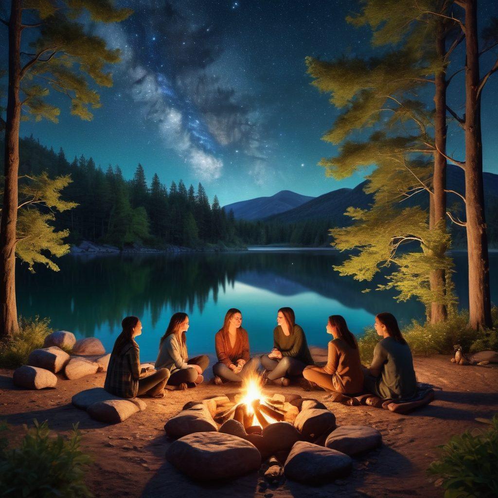 A serene scene depicting a diverse group of friends gathered around a campfire, sharing laughter and stories under a starry sky. Soft, warm light illuminating their faces, with heart-shaped glowing accents symbolizing sentiment and emotional connections. In the background, lush trees and a lake reflecting the moonlight, evoking a sense of tranquility and warmth. super-realistic. vibrant colors. 3D.