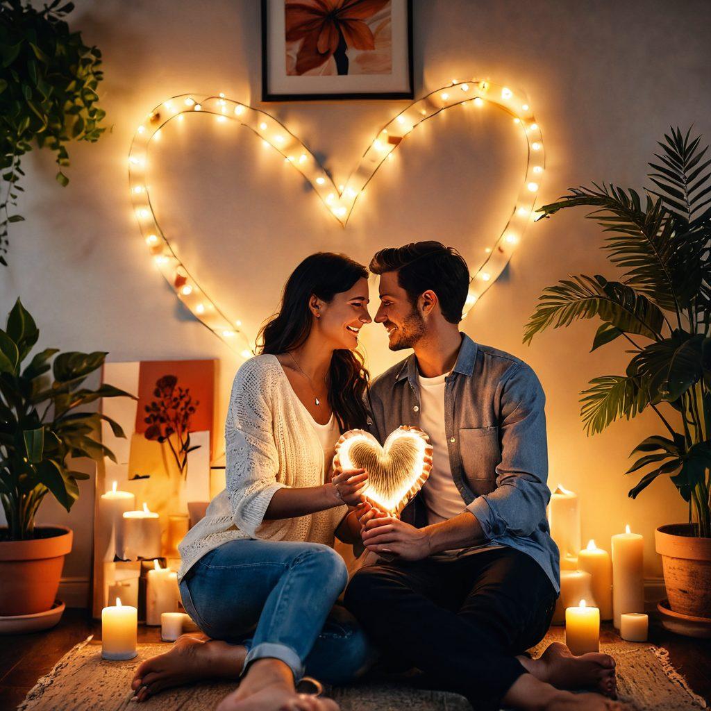 A warm, intimate setting featuring two people sitting close together, holding hands with genuine smiles, surrounded by soft, glowing candlelight. The backdrop is a cozy living room filled with personal touches like framed photos and plants, symbolizing a deep connection. A heart-shaped collage subtly integrated in the background, representing fond memories and devotion. Romantic ambiance with a focus on facial expressions conveying love and trust. soft focus. vibrant colors. high-quality illustration.