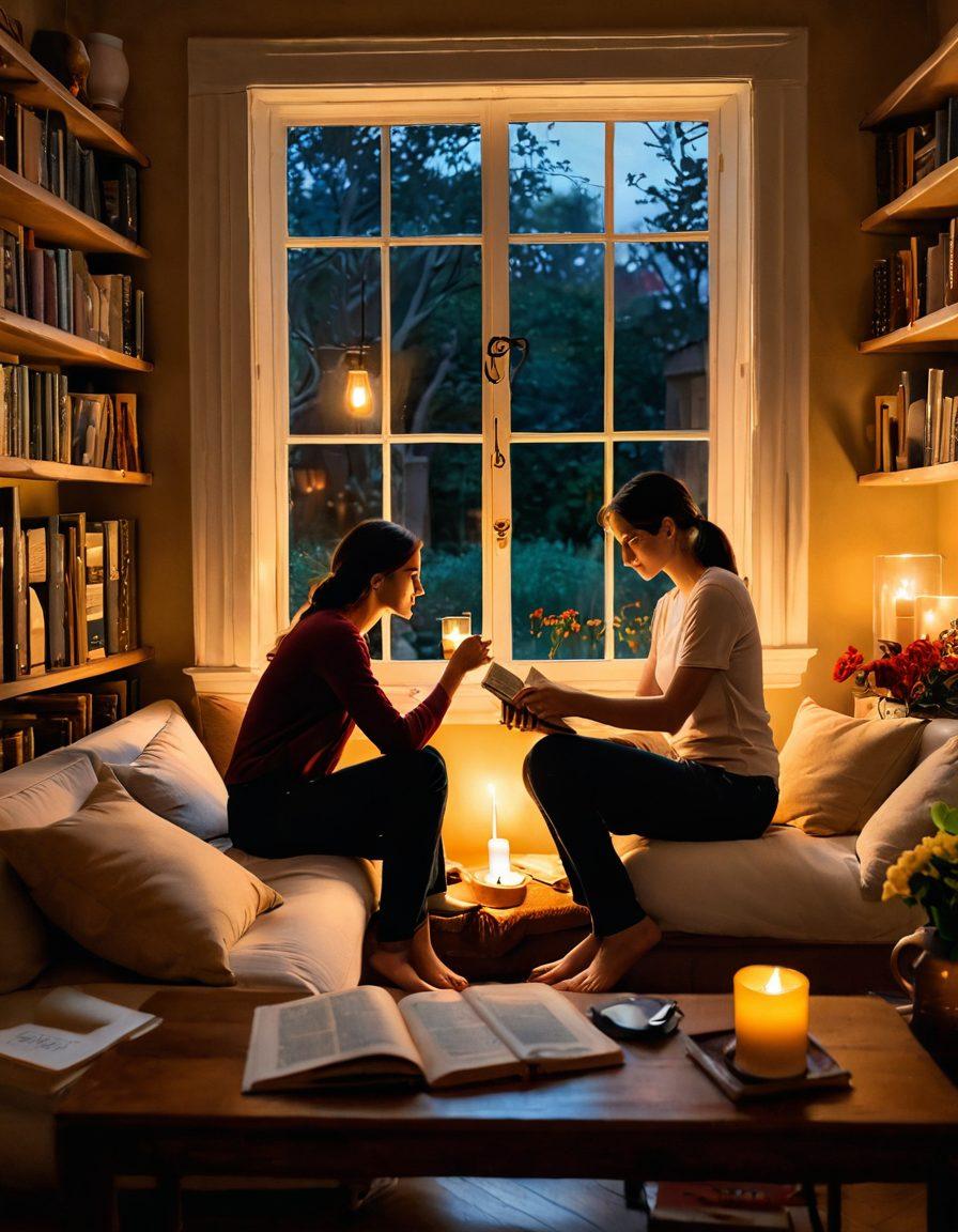 A warm, intimate scene depicting a couple sharing a heartfelt conversation in a cozy, softly lit room, surrounded by symbols of passion like books, candles, and flower vases. The atmosphere should evoke feelings of love and closeness, with subtle hints of art on the walls representing connections. Include a gentle touch of nature outside the window, merging warmth and tranquility. soft-focus, romantic ambiance, vibrant colors, painting.